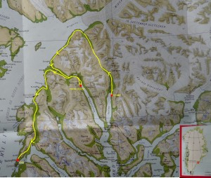 Hiking map, itinerary of the expedition in Greenland