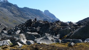 Kathrin hiking in rocky terrain