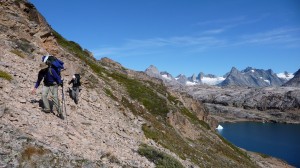 Peter and Kathrin hiking on rocky terrain