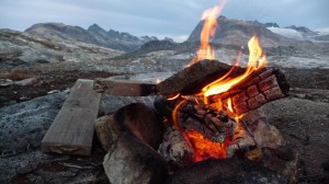 Camp fire on top of the mountains