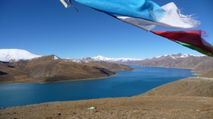 Yamdrok Yumtso Lake and prayer flags