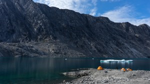 Basecamp in the fjord with icebergs, Greenland