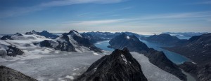 View from the summit, mountains, fjord and ocean, Greenland